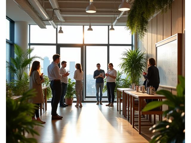 Moderna, šviesi Rūko Lašo biuro erdvė su dirbančiais ir bendraujančiais komandos nariais