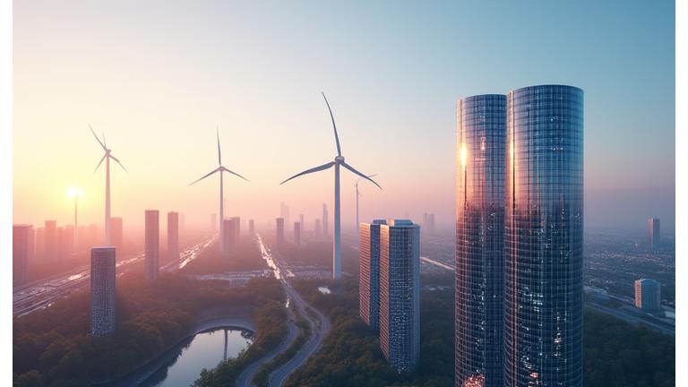 Futuristinis energijos peizažas su saulės, vėjo ir dirbtinio intelekto elementais, simbolizuojantis Rūko Lašo inovacijas Lietuvoje