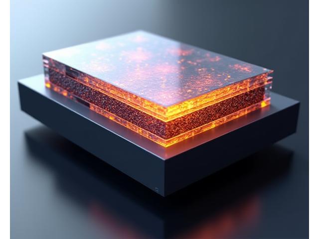 Kietos medžiagos akumuliatoriaus 3D vizualizacija, rodanti sluoksniuotą vidinę struktūrą