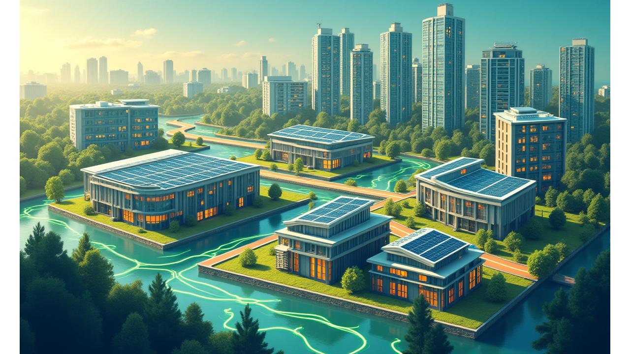 Įvairių programų, tokių kaip miesto panorama, namas ir gamykla, iliustracijos, sujungtos energijos srautais, simbolizuojančios energijos saugojimo sprendimų taikymą