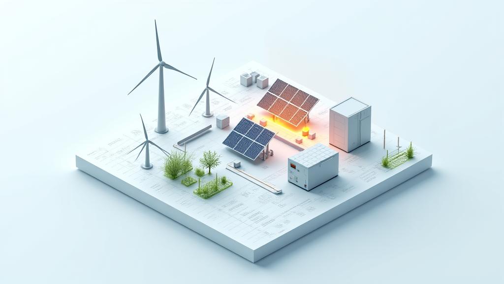 Interaktyvi schemos vizualizacija, demonstruojanti hibridinės saulės ir vėjo elektrinės komponentus: saulės baterijas, vėjo turbinas, energijos kaupiklius, išmanųjį keitiklį ir ryšį su elektros tinklais, su aiškiais sujungimų žymėjimais.