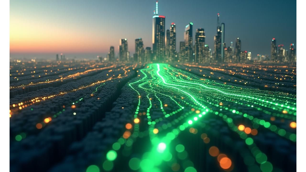 Interaktyvi decentralizuoto išmaniojo tinklo vizualizacija su realaus laiko duomenų srautais, pabrėžiant blockchain technologijos integraciją. Elektros srautai tekantys tarp miestų ir atsinaujinančių energijos šaltinių.