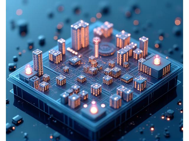 Interaktyvus žemėlapis su miesto energijos infrastruktūros sluoksniais, rodantis išmaniuosius tinklus, elektromobilių įkrovimo stoteles ir pastatų automatiką