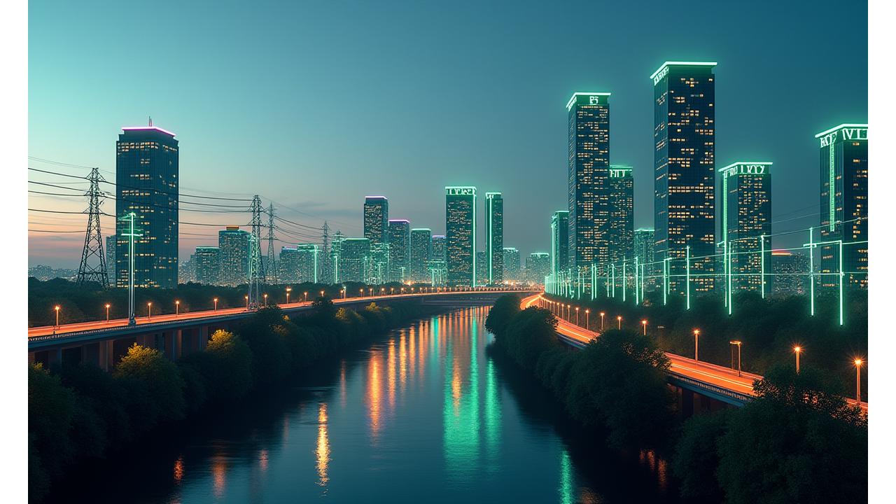 3D vizualizacija Vilniaus miesto su skaitmeniniais energijos srautų animacijomis ir šviečiančiais duomenų takais