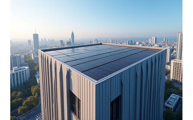 Modernus komercinis pastatas Vilniuje su perovskito saulės baterijomis ant stogo, efektyviai generuojančiomis energiją