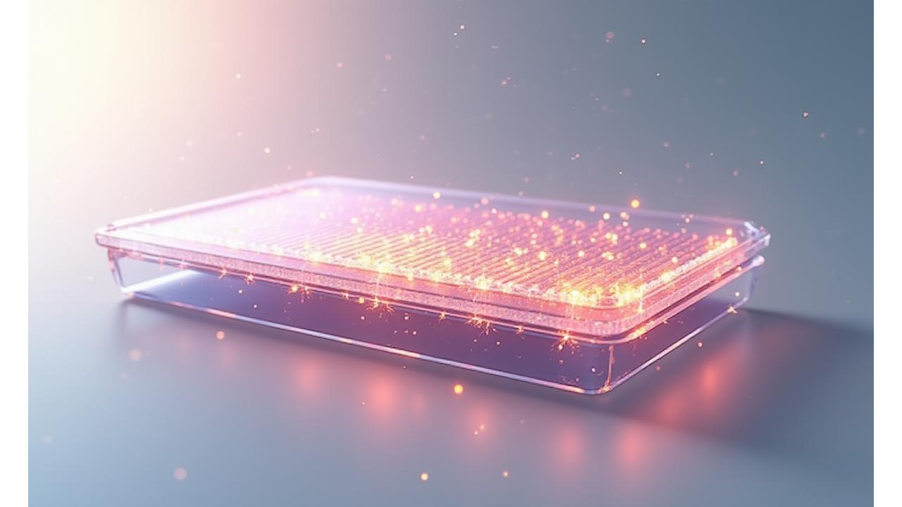 3D vizualizacija perovskito-silicio tandem celės su permatomais sluoksniais ir energijos srautais, simbolizuojančiais aukštą efektyvumą