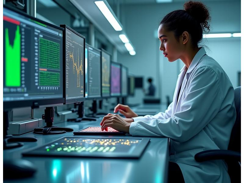 Mokslinės laboratorijos vaizdas su įranga, testuojančia saulės elementų ilgaamžiškumą, stebint duomenis ant ekranų. Švari, moderni aplinka.