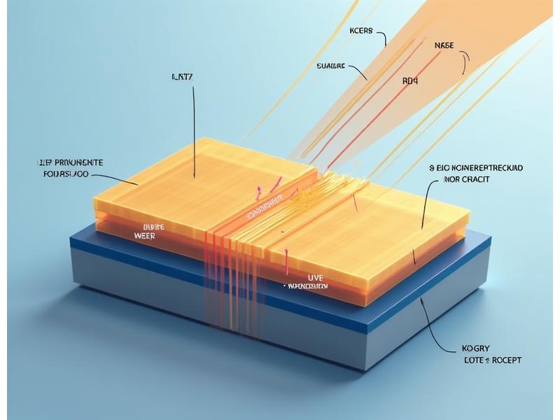 Animuotas perovskito-silicio tandem celės pjūvio brėžinys su rodyklėmis, rodančiomis šviesos spektrų absorbciją skirtinguose sluoksniuose