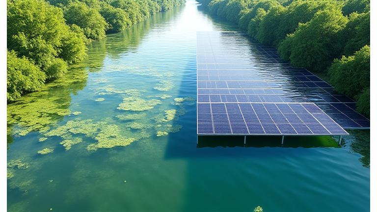 Vizualizacija, rodanti before/after poveikį vandens telkiniui su plūduriuojančiomis saulės panelėmis, mažinančiomis dumblius ir garavimą.