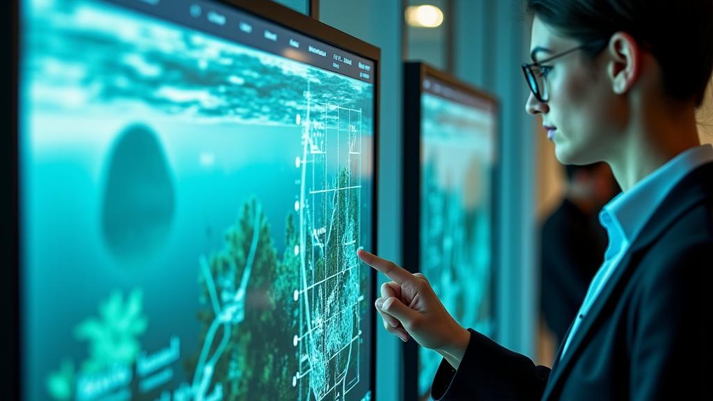Specialistas dirba prie planšetės, analizuojančios vandens telkinio duomenis, su povandeniniu dronu ar sonaru fone.