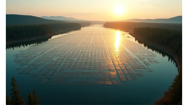Ignalinos AE šaldymo baseino vaizdas su plūduriuojančių saulės elektrinių modeliavimu.