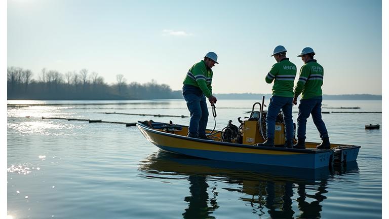 Specialistų komanda dirbanti prie plūduriuojančių saulės panelių ant vandens, su saugos įranga ir technika.