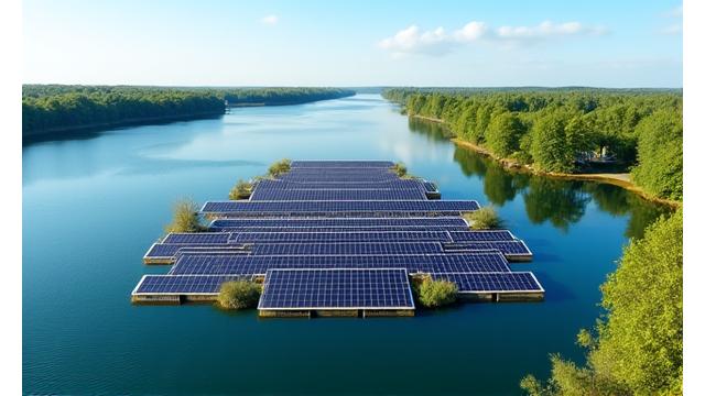 Plūduriuojanti saulės elektrinė Kauno Mariose, demonstruojanti technologijos veikimą.