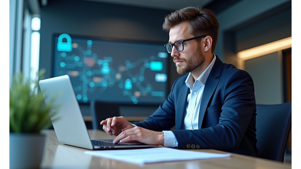 Profesionalus duomenų apsaugos pareigūnas, sėdintis prie stalo su kompiuteriu ir juridinių dokumentų krūva, atidžiai nagrinėjantis informaciją, su žaliu švytėjimu aplink, simbolizuojančiu saugumą.