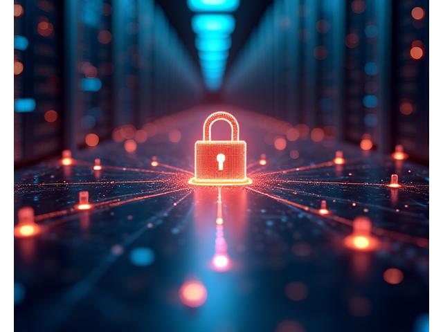 Šifravimo grafika su tarpusavyje sujungtais skaitmeniniais objektais ir užrakinimo simboliu, apsuptu švytinčių duomenų srautų, pabrėžiančia aukštą duomenų saugumo lygį.